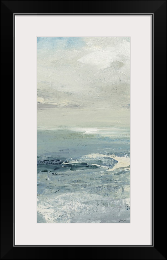 A large vertical abstract of ocean waves in textured cool tones of blue and gray.