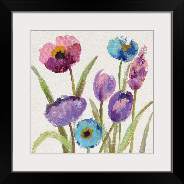 Square watercolor painting of purple, blue, and pink flowers on a white background.