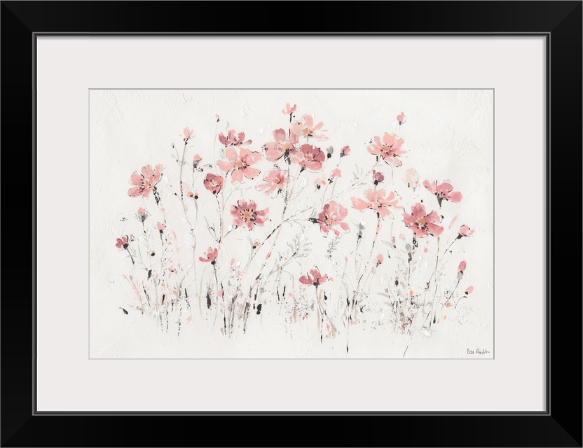 Contemporary artwork with delicate pink flowers with short black strokes over white textured background.