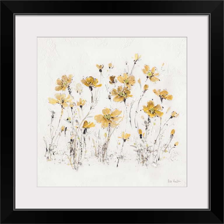 Contemporary artwork of yellow wildflowers sprouting from a textured white background.
