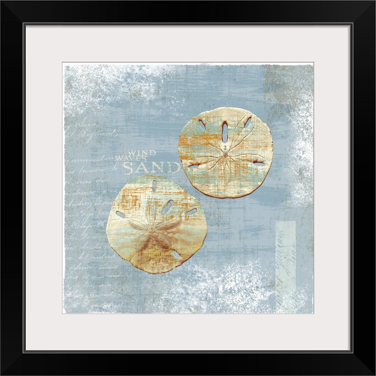 Two sand dollars are painted against a faded blue background with soft cursive text written on the left side of the print.