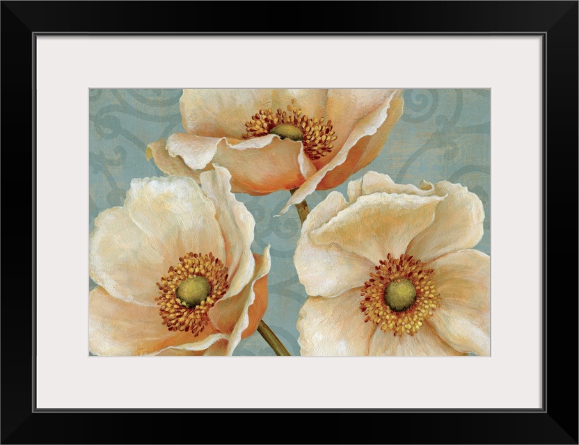 This home docor is a painting of detailed and realistically rendered flowers on a contrasting backdrop with a decorative s...