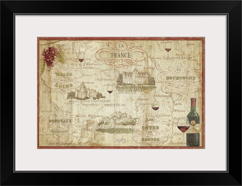 Landscape, large docor wall art of a French wine map.  Various text lists different types of wine and places in France, wi...