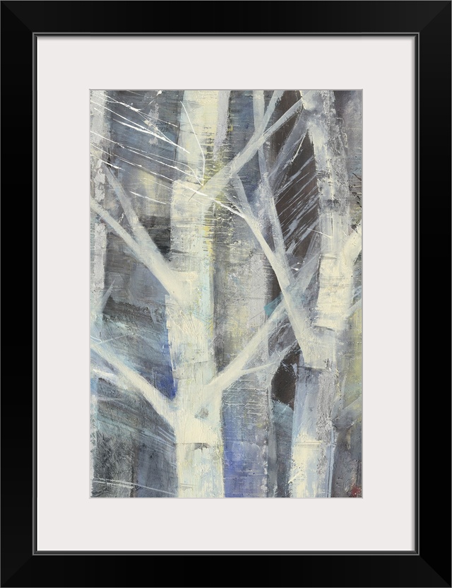 Contemporary painting of white trees against a multi-toned blue background.