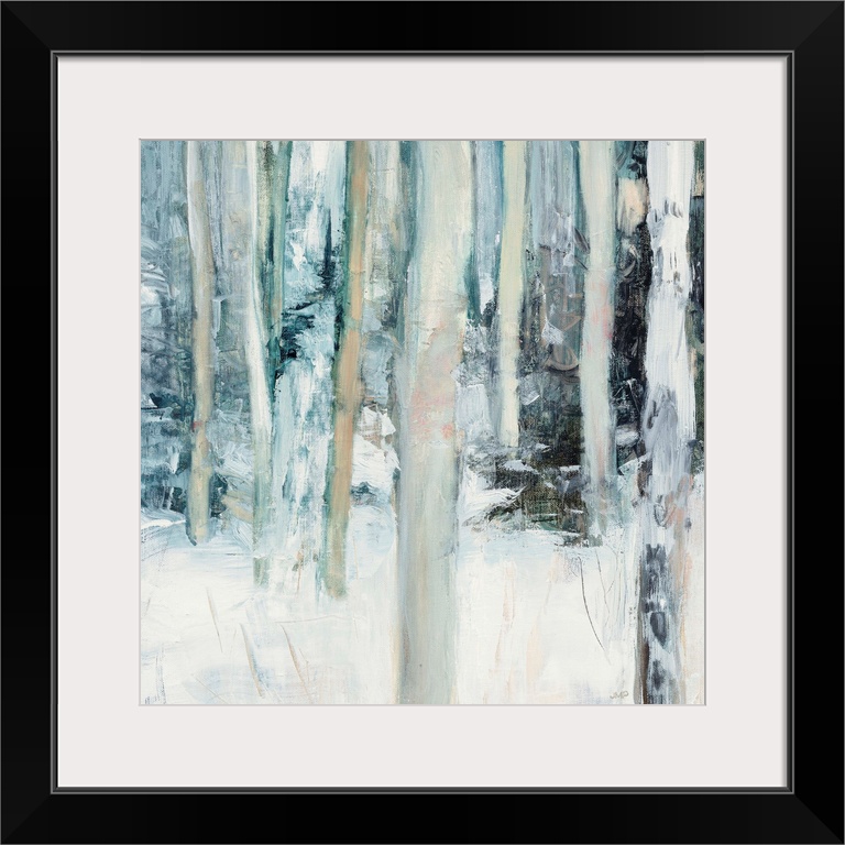 Square abstract painting of birch trees in the woods covered in snow with cool tones.