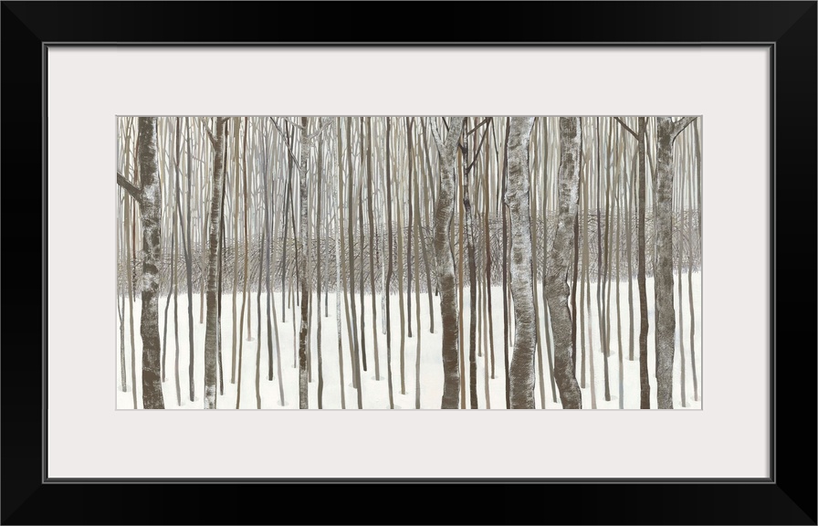 Contemporary painting of a forest of thin trees in the winter.