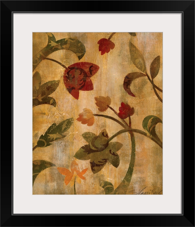 Artwork of a floral pattern's silhouette filled with another floral pattern on an abstract background.