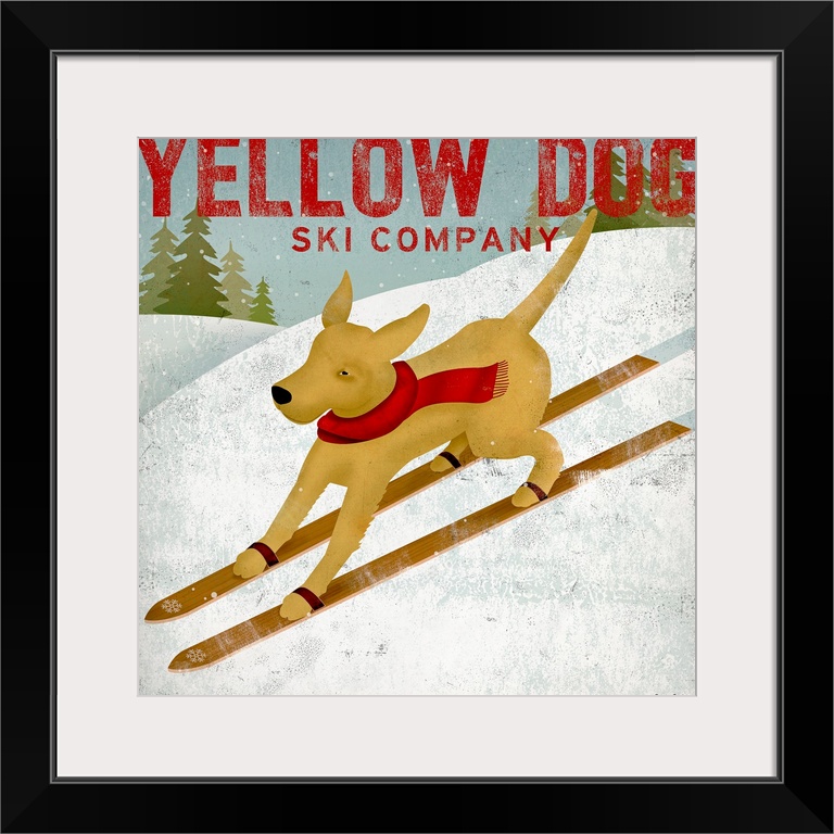 Square painting of a dog skiing down a snowy mountain with text at the top.