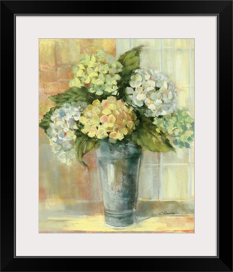 Portrait, large still life painting of golden hydrangeas in a vase, sitting on a counter if front of a tiled wall.