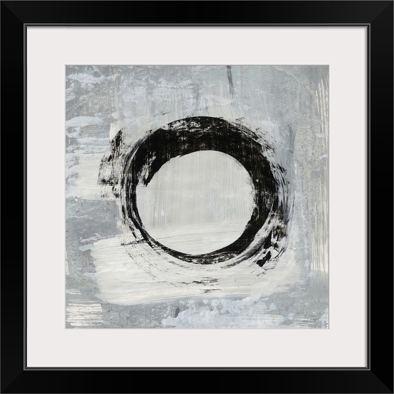 Square abstract painting of a bold, black circle on a gray and white background.