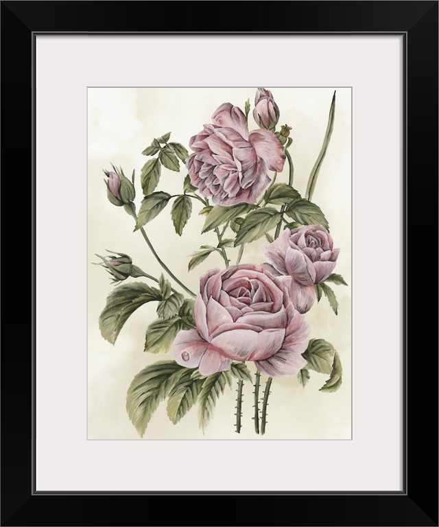 This contemporary painting features a bouquet of romantic flowers in shades of pink with the leaves in a soft green agains...
