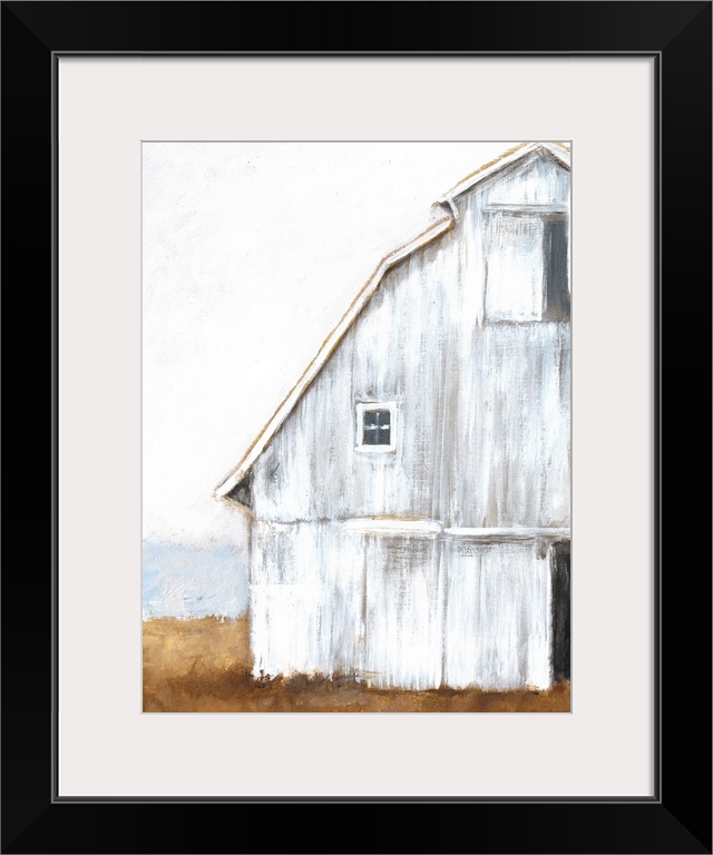 Horizontal brush strokes and a soft amber landscape form to make a cropped image of a white worn barn resting in the country.