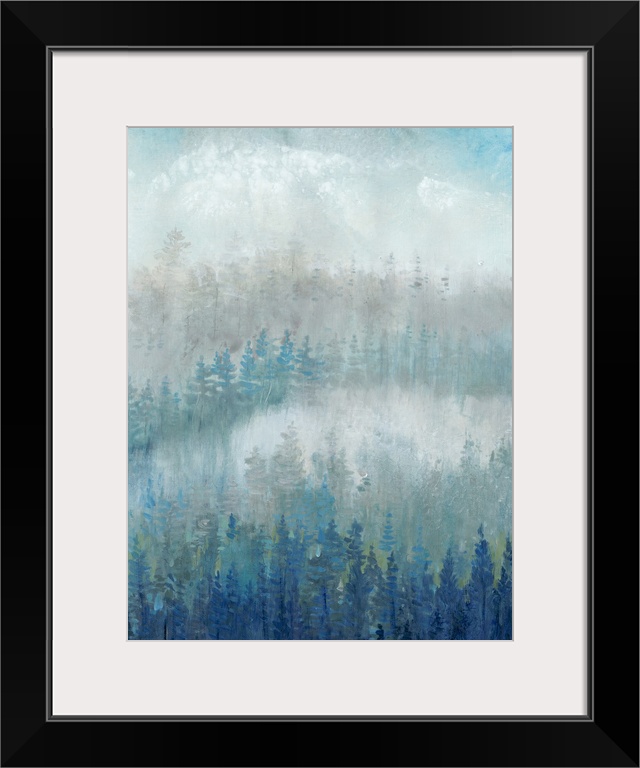 Blue and gray trees fill this contemporary landscape painting with mist and fog in the background.