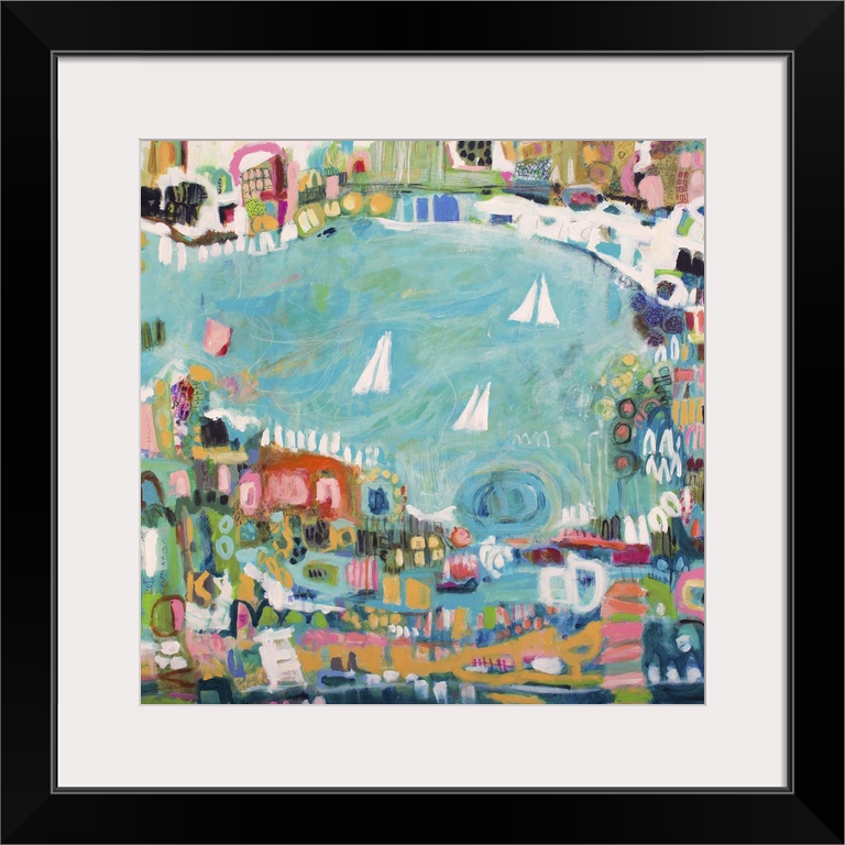Contemporary painting of an aerial view of a coastal town with sailboats in the bay.