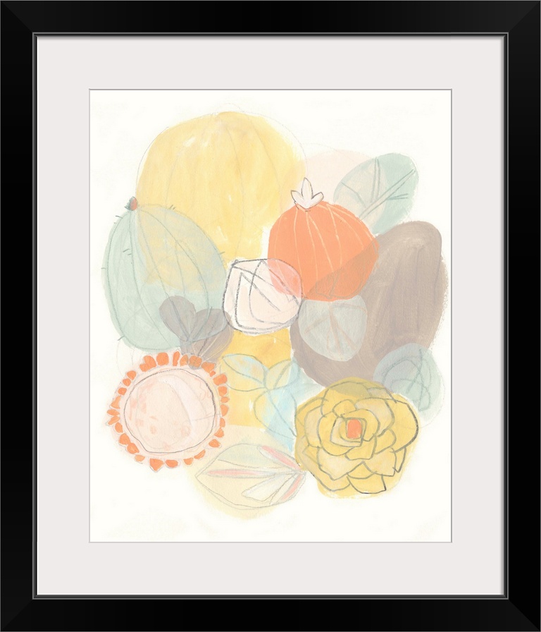 Contemporary pastel painting of abstract succulents in pale blue, yellow, and orange.
