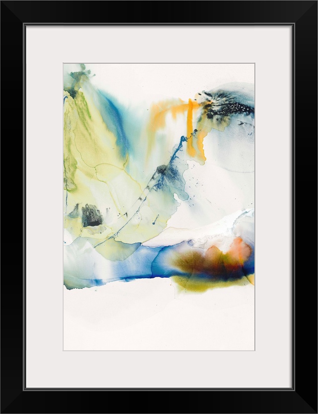 Vertical abstract painting with colors melting together in shades of blue, green, and orange.