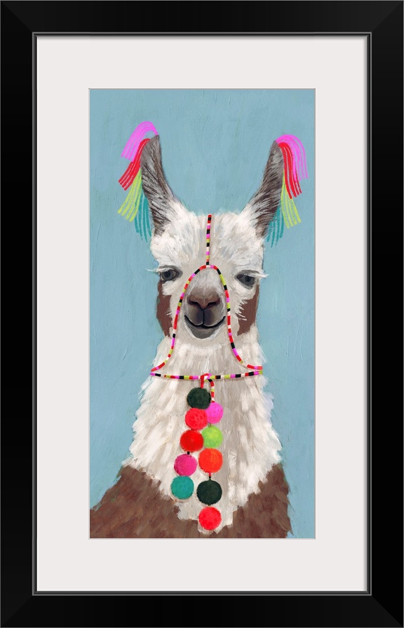 One painting in a series of festive llamas with goofy grins wearing colorful tassels and bright pom-poms.