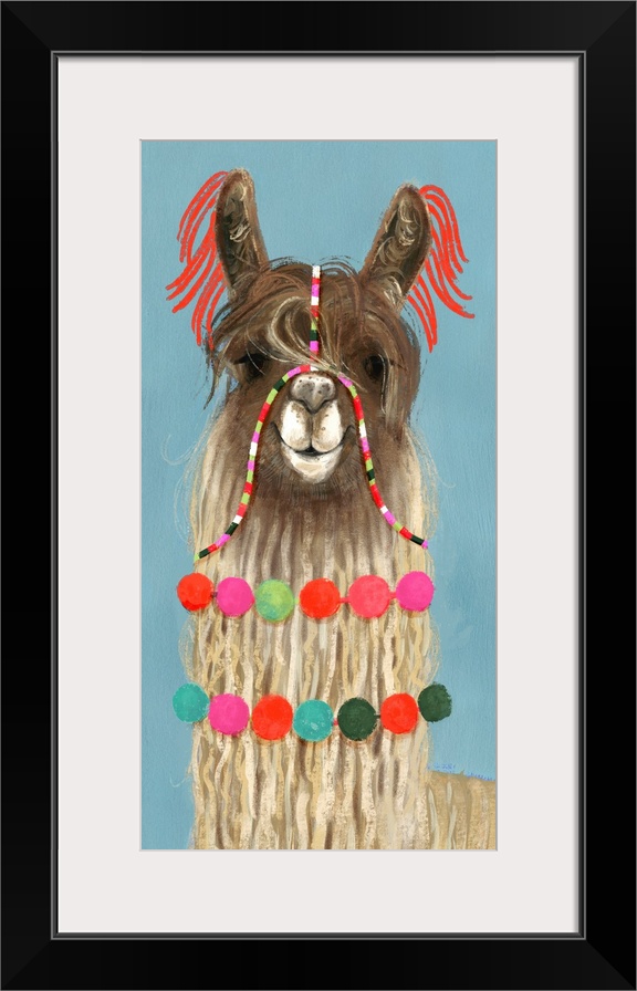 One painting in a series of festive llamas with goofy grins wearing colorful tassels and bright pom-poms.