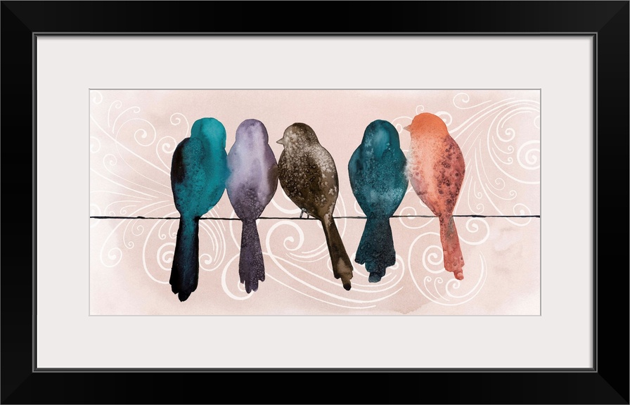 Five watercolor bird silhouettes perched on a thin wire.