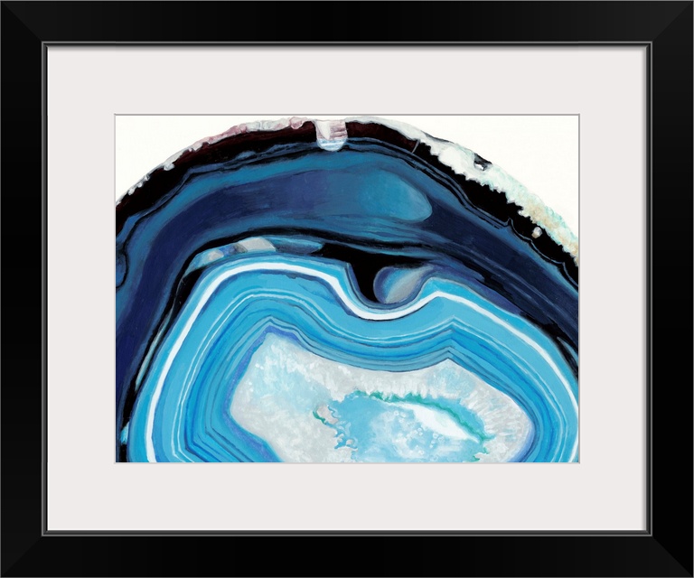 Contemporary painting of a cross section of mineral agate in bright blue.