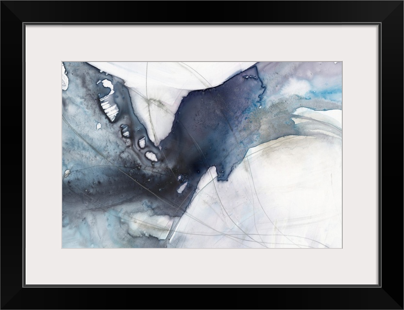 Abstract painting featuring a diagonal wave-like shape in a variety of blue shades.