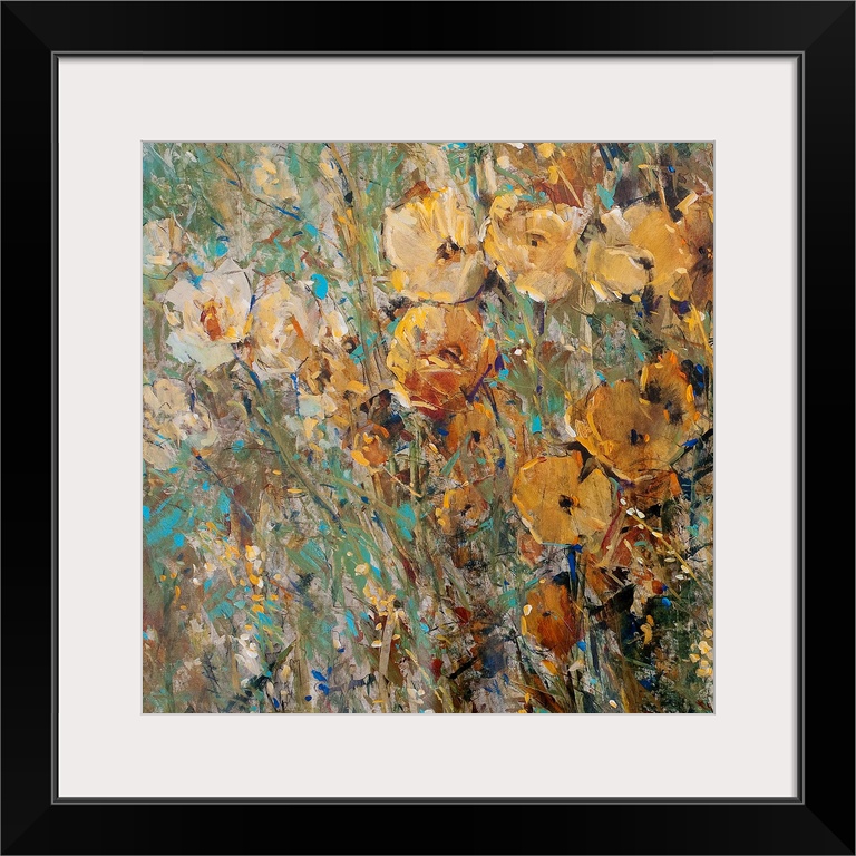 Contemporary painting of abstract flowers with background consisting of colorful paint splats.
