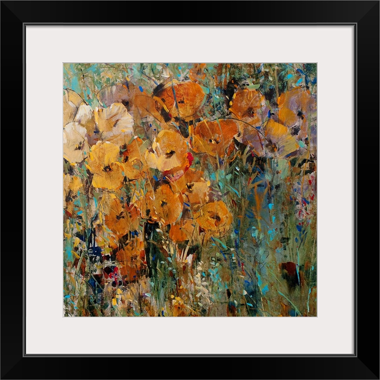 Large floral art focuses on an arrangement of flowers sitting in the wild.  Artist uses a wide spectrum or colors to creat...