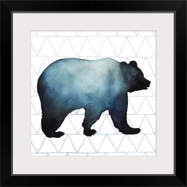 Watercolor bear silhouette on a grey geometric background.