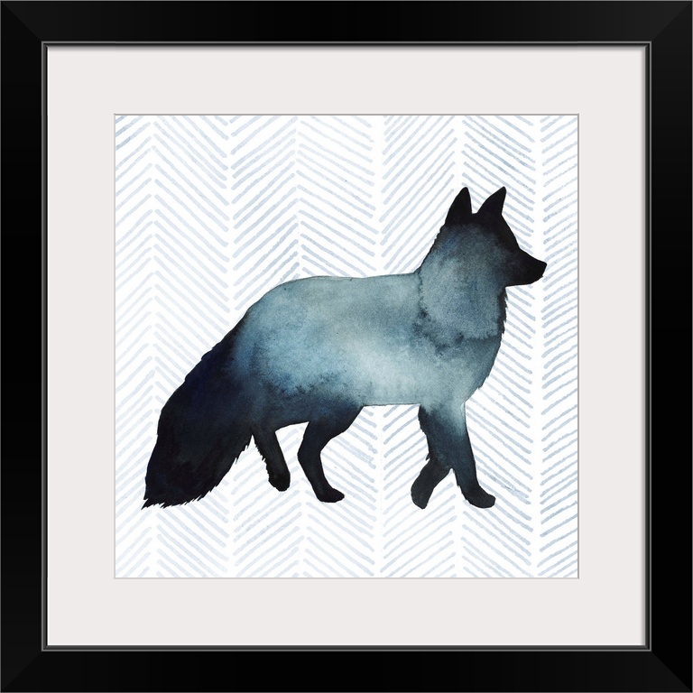 Watercolor fox silhouette on a grey geometric background.