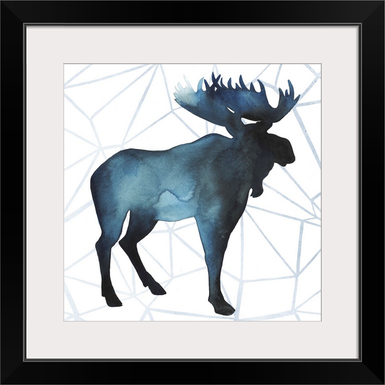 Watercolor moose silhouette on a grey geometric background.