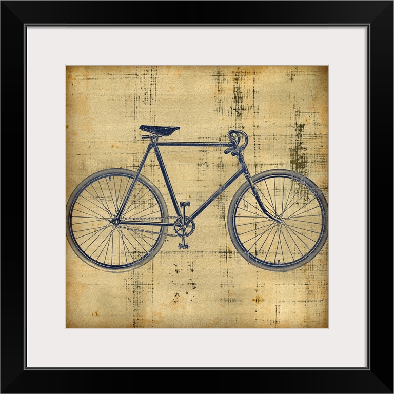 Square canvas painting of a bicycle on top of a grungy textured backdrop.