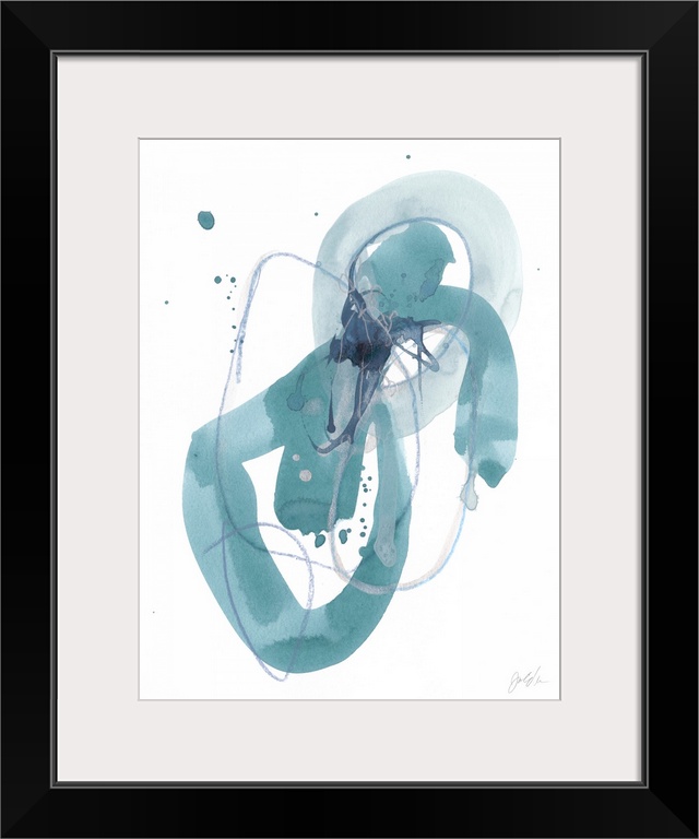 Abstract painting in cool tones of gray and teal with overlaying fine gray and blue lines in circular shapes.