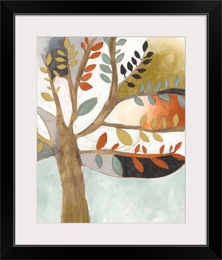 Contemporary painting of a tree using muted browns, oranges and blues.