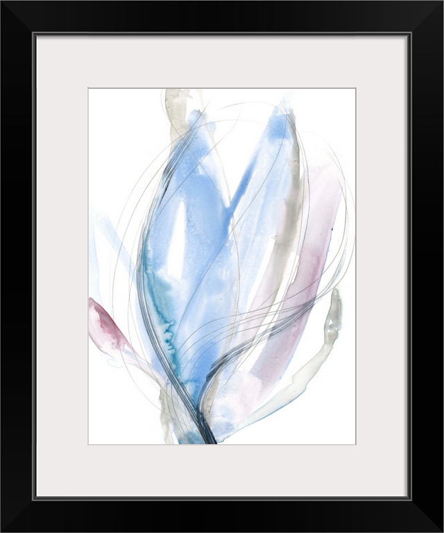 Contemporary abstract painting of a floral shaped form in azure blue.