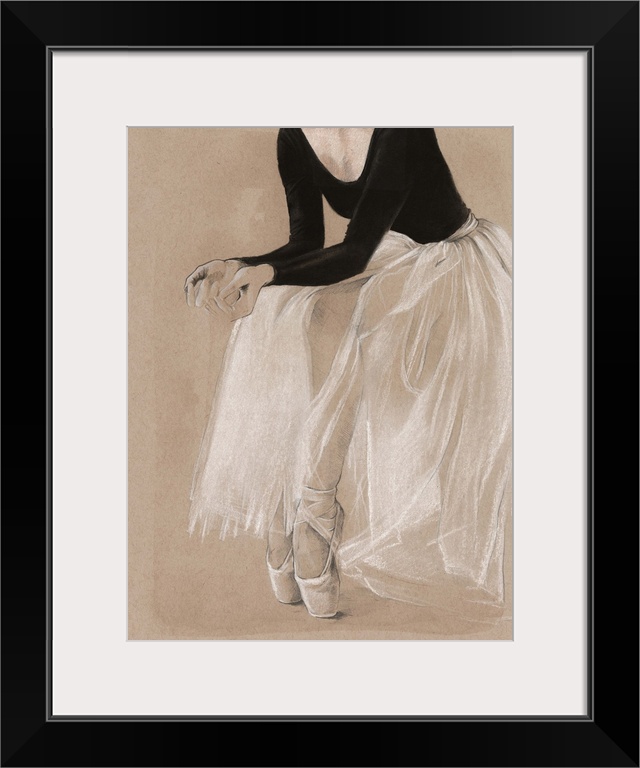 Detail drawing of the lower half of a ballerina, done in black and white on a beige background.