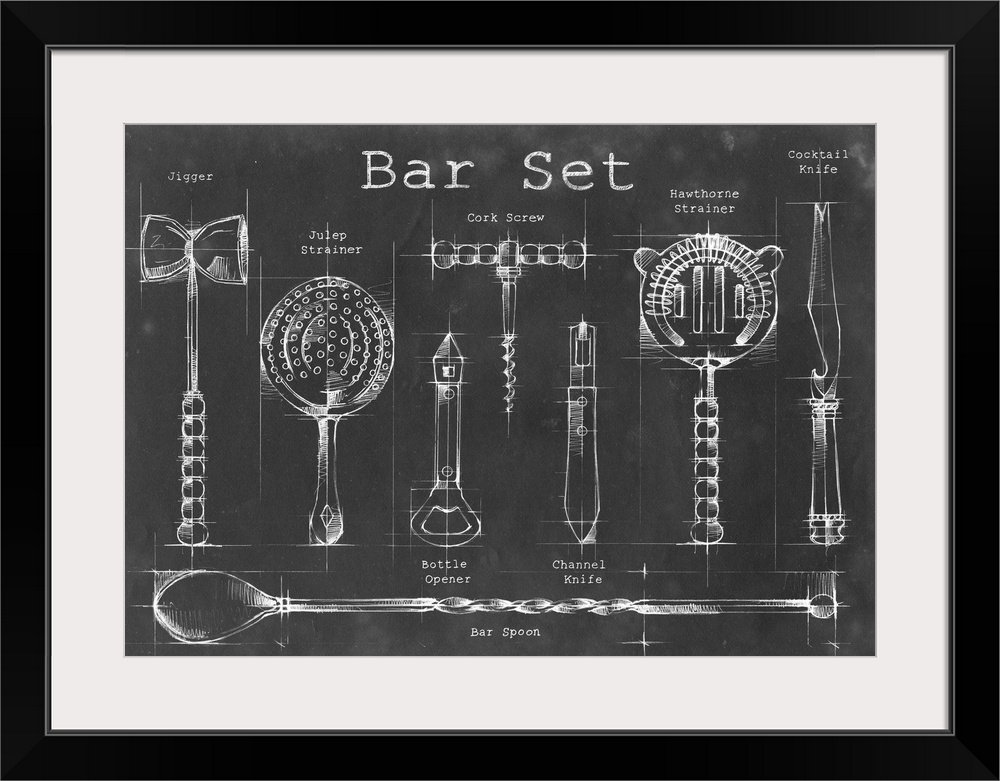 Blueprint style artwork of a cocktail recipe perfect for a kitchen or home bar.