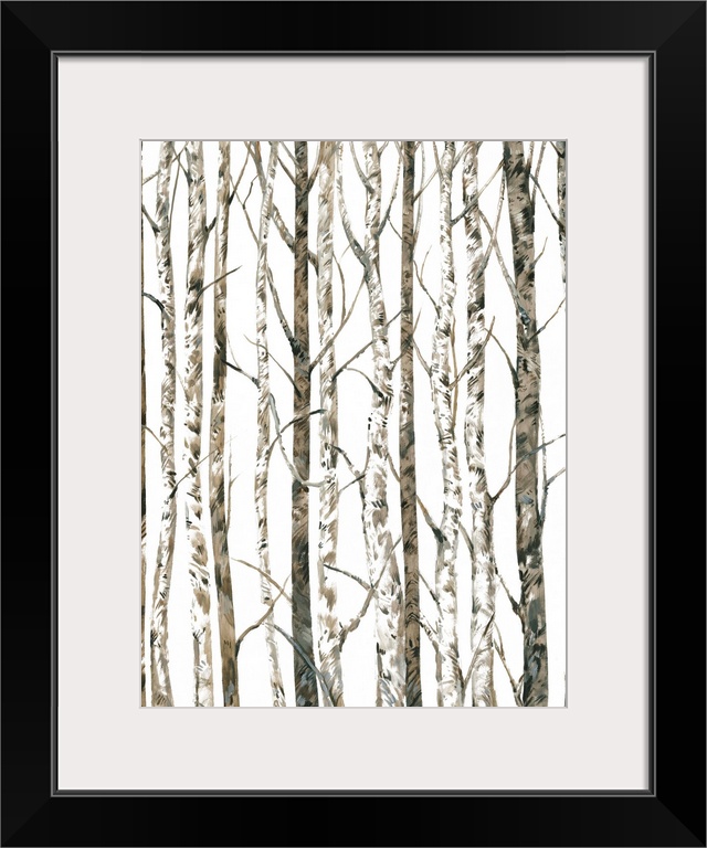 Contemporary monotone painting of a forest of thin trees in the winter, contrasting with the light sky.