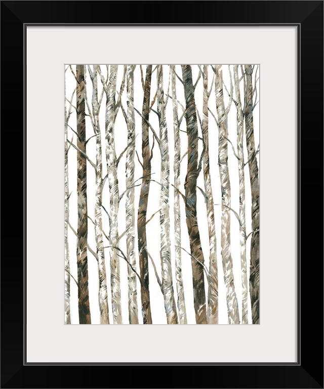 Contemporary monotone painting of a forest of thin trees in the winter, contrasting with the light sky.