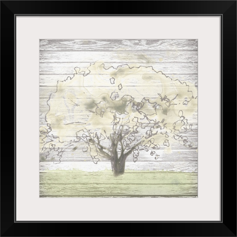 Creative artwork of a faded tree and grass on a weathered white wood plank background.