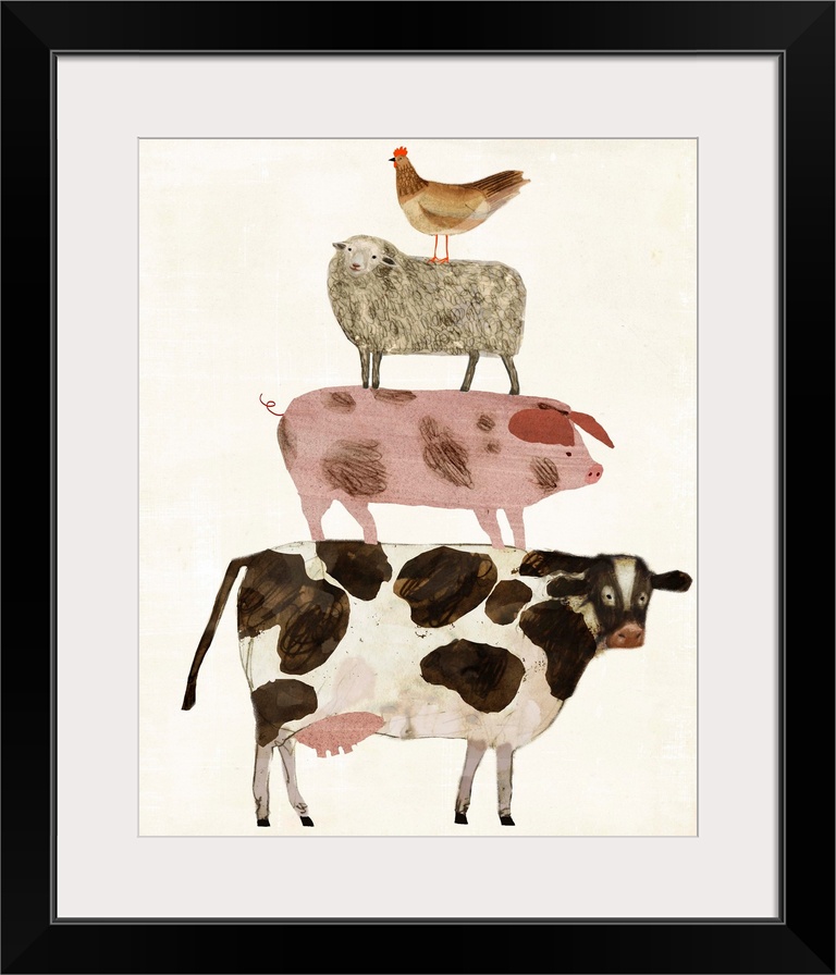 A pyramid of sketched and drawn farm animals fill the neutral distressed background in this decorative folk art.