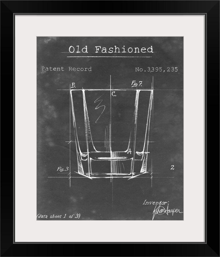 Blueprint style artwork of a cocktail recipe perfect for a kitchen or home bar.