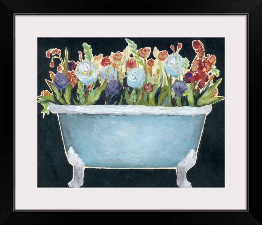 Contemporary painting of a blue bathtub filled with colorful flowers against a dark blue background.