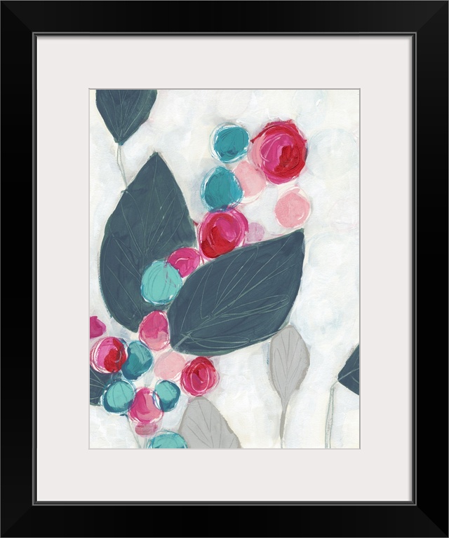 Floral abstract painting in bright pink and teal on a light gray background.