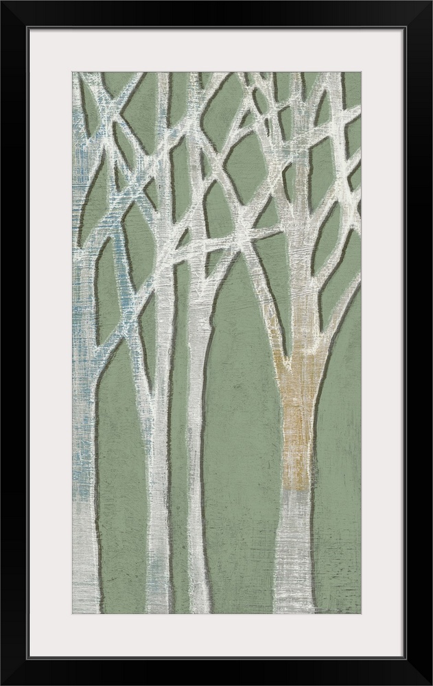 Contemporary home decor art of a birch trees against a pale green background.