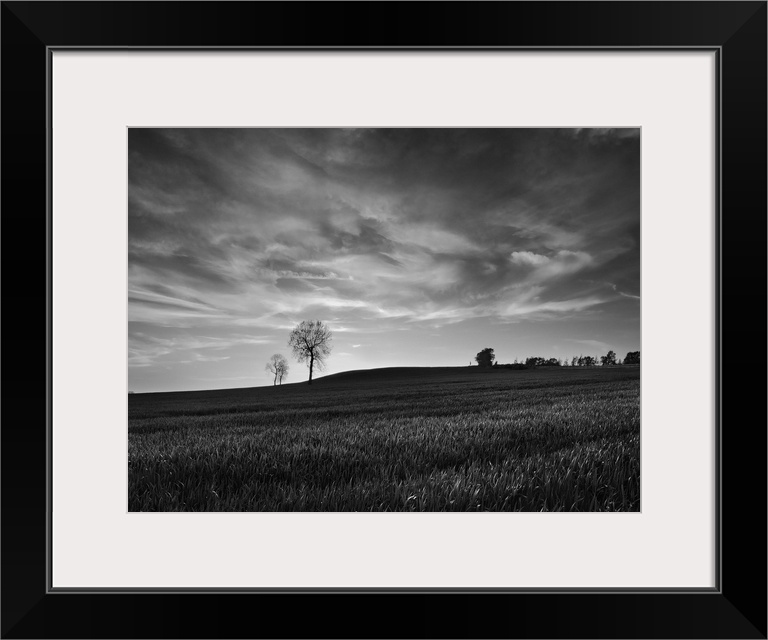 A black and white photograph of a near empty field under a cloudy sky.