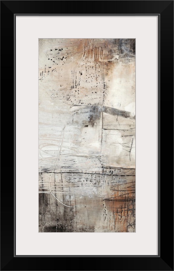 This industrial abstract artwork features textural designs in earthy and rustic tones over a chalky background.