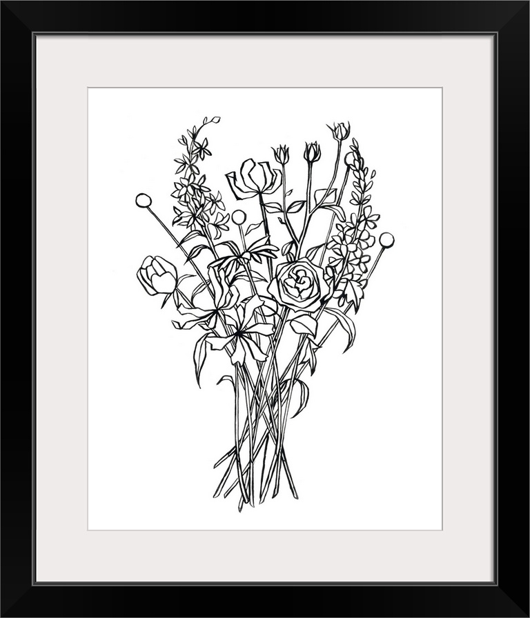 Contemporary painting of a floral bouquet outlined in black on a white background.