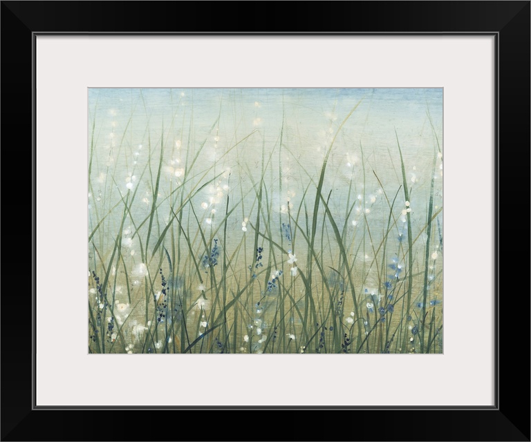 Contemporary painting of a field of wild grasses with small white flowers.