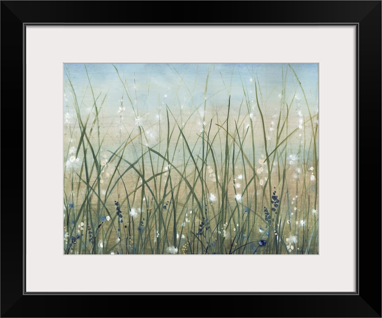 Contemporary painting of a field of wild grasses with small white flowers.
