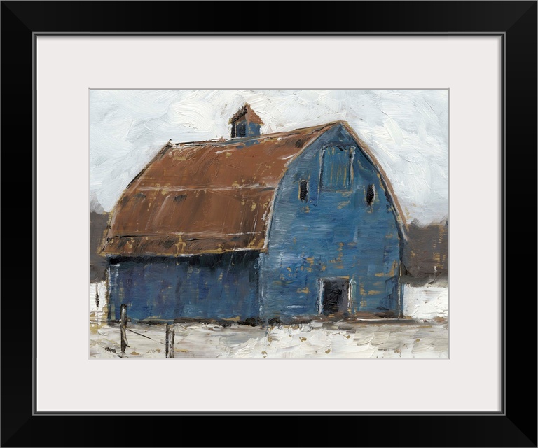 A cool, wintery image of a large denim-blue barn with a rusty brown roof on snowy ground under a sky filled with thick clo...